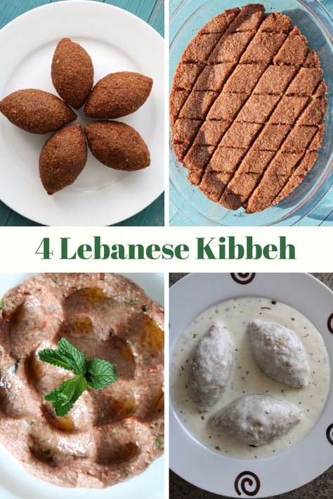 4 types of Lebanese Kibbeh, classic fried kibbeh, raw kibbeh nayeh, kibbeh bil sanieh (baked in a tray) and kibbeh labanieh in a rich yoghurt sauce #kibbeh #kibbe #mezze #starters #howtomakekibbeh #lebanesekibbeh #appetizer #authentic #friedkibbeh #rawkibbeh #bakedkibbeh #kibbehbilaban #kibbehlabanieh #bestkibbeh # Kibbeh Bil Sanieh, Kibbeh Labanieh, Kibbeh Nayeh, Kibbeh Recipe Lebanese, Baked Kibbeh, Recipe Lebanese, Middle Eastern Recipes Arabic Food, Kibbeh Recipe, Yoghurt Sauce