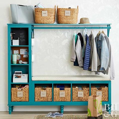 Make an entryway yourself with some basic storage units and simple DIY supplies. Kitchen Entryway Ideas, Diy Entryway Storage, Cheap Front Doors, Rustic Front Door, Cube Storage Unit, Front Door Makeover, Cube Unit, Diy Entryway, Cube Organizer