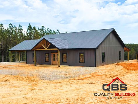 The Qualls Home | Quality Building Supply Painted Metal Roof, Mahogany Door, Metal Building House Plans, Wood Truss, Black Window, Mahogany Doors, Standing Seam, Shed Homes, Black Windows