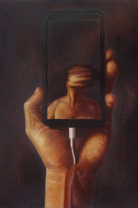 A rich-toned surreal artwork of a person holding their phone. A blurred face is seen reflected in the front-facing camera. Satire Art, Waiting Painting, Playlist Art, Baroque Artworks, Art Contrast, Low Key Lighting, Men Painting, Moody Painting, Emotional Painting