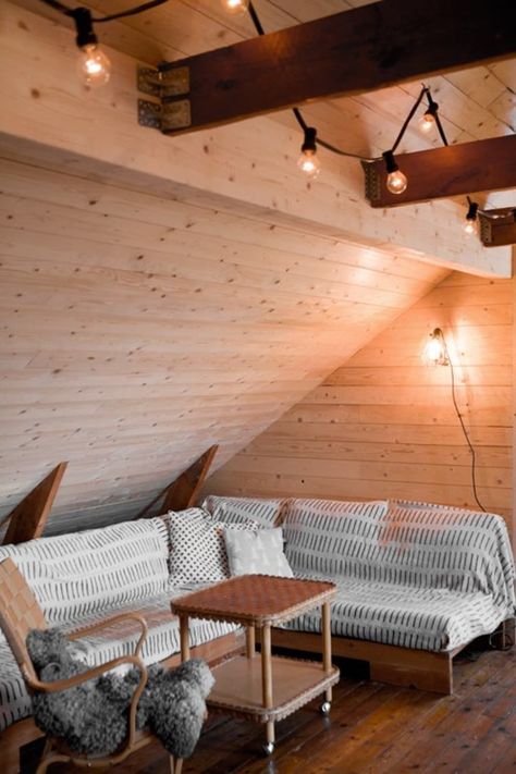 Wood Panel Lighting, Interior Wood Paneling, Pine Wood Walls, Pine Walls, Modern Home Interior Design, Attic Remodel, Cabin Interiors, Wood Room, Modern Cabin