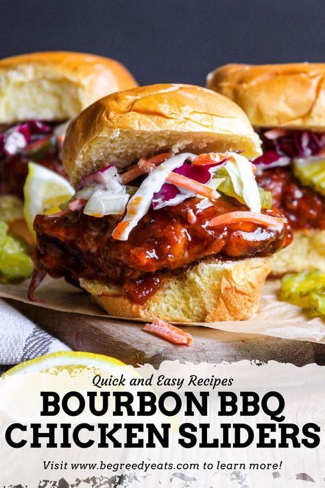 Tender and juicy fried chicken tossed in a homemade Bourbon BBQ sauce served on brioche slider buns and topped with pickles and coleslaw! These sliders are delicious and full of flavor! One just won't be enough! Bbq Chicken Sliders Recipes, Juicy Fried Chicken, Homemade Bourbon, Bourbon Bbq Sauce, Bbq Sliders, Sliders Recipes Chicken, Bbq Chicken Sliders, Bbq Chicken Thighs, Bourbon Chicken