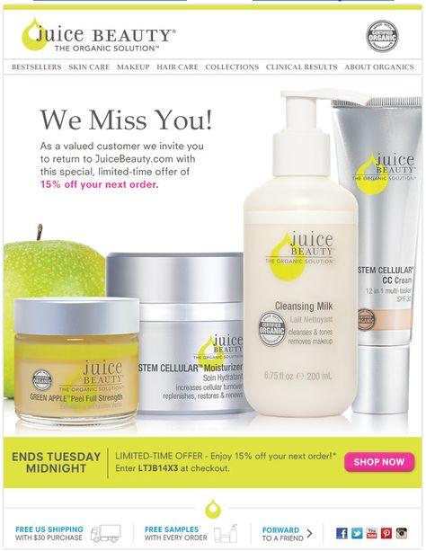 juice beauty. we miss you. win-back email campaign. simple copy. email marketing Win Back Email, Engagement Emails, Fashion Newsletter, Juice Beauty, You've Got Mail, We Missed You, Email Campaign, Organic Beauty, Best Sellers