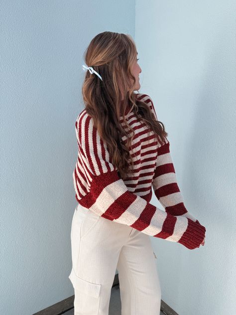 Christmas Outfit Pants, Red Sweater Outfit Aesthetic, Red And White Christmas Outfit, Peppermint Aesthetic, White Christmas Outfit, Aesthetic Candy, Red Sweater Outfit, Fuzzy Sweater Outfit, Slacks Outfit