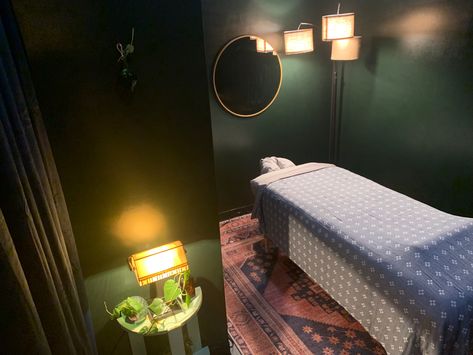 Dark Green Spa Room, Dark Green Esthetician Room, Green Spa Room, Dark Massage Room, Moody Massage Room, Green Massage Room, Dark Esthetician Room, Sherwin Williams Jasper, Massage Room Design