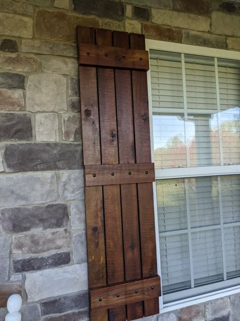 Walnut Shutters Exterior, Barnwood Shutters Exterior, Rustic Farmhouse Shutters Exterior, Rustic Wood Shutters, Wooden Window Shutters Exterior, Shutter Ideas Outdoor Window, Early American Stain On Cedar, Homemade Shutters Outdoor, Wood Shutters On Brick House