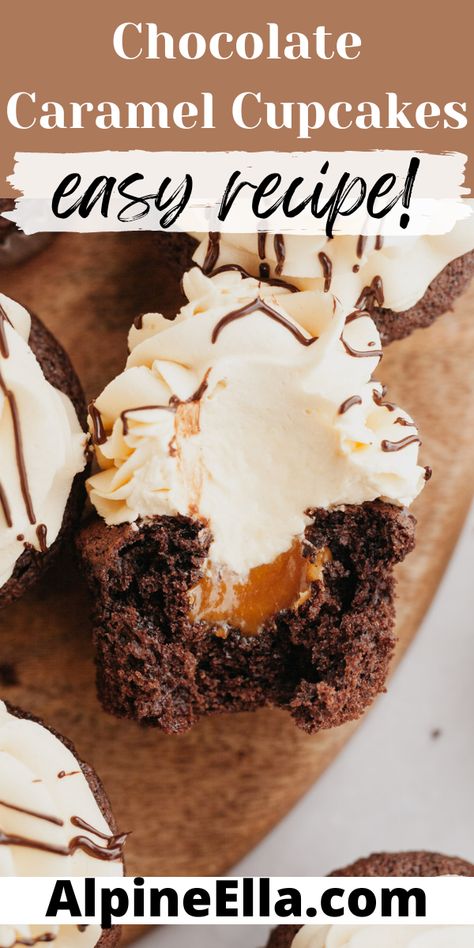 Chocolate Cupcakes With Caramel Filling, Carmel Filled Cupcakes Recipe, Caramel Stuffed Cupcakes, Caramel Filled Chocolate Cupcakes, Gooey Salted Caramel Cupcakes, Chocolate Lovers Cupcakes, Chocolate And Caramel Cupcakes, Chocolate Cupcake Filling Ideas, Salted Caramel Cupcakes Recipe