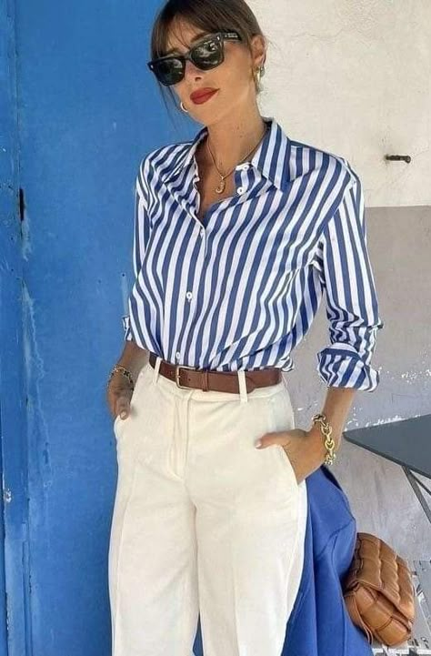 Blue Stripped Shirt Outfit, Blue White Striped Shirt Outfit, Blue Stripe Shirt Outfit, Striped Blouse Outfit, White Striped Shirt Outfit, Blue Striped Shirt Outfit, Outfits With Striped Shirts, Shirt Outfit Summer, Blue And White Striped Shirt