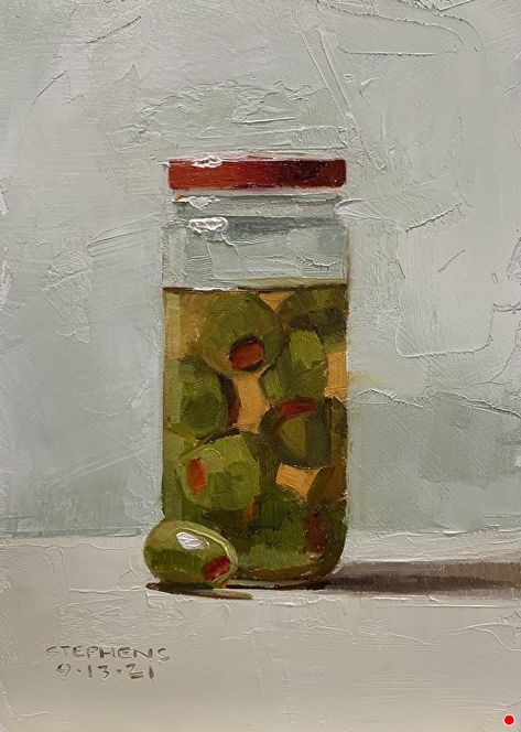 Olive Oil Painting, Olives Painting, Craig Stephens, Olive Painting, Jar Of Olives, Watercolour Still Life, Objects Painting, Acryl Art, Mini Oil Painting