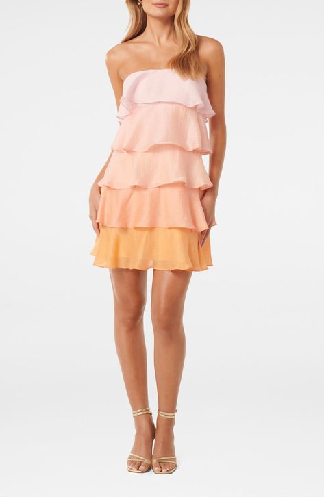 Ever New Cleo Ombré Ruffle Strapless Minidress | Nordstrom Ombre Mini Dress, Homecoming 2023, Sunset Hues, Summer Closet, Orange Ombre, Ombre Effect, Short Dress, Christmas List, Minimalist Fashion