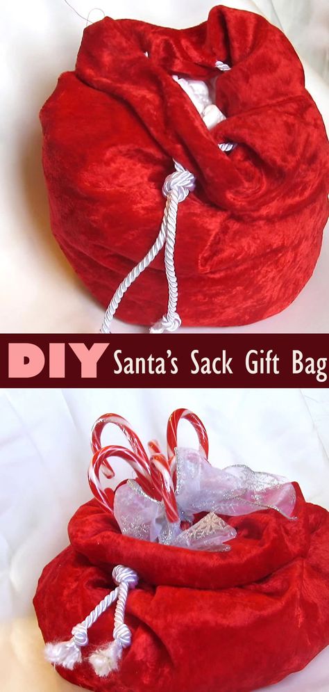 DIY Santa’s Sack Gift Bag Santa Sacks Diy, Diy Santa Hat, Dollar Store Gifts, Origami Santa, Santa Claus Toys, Santa Pillow, November Crafts, Plastic Gift Bags, Crafts Diy Projects