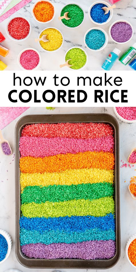 How to make colored rice the easy way using one simple ingredient. Read more to find out the mess-free way of coloring long grain rice. Rice Recipes Side, Sensory Integration Activities, Rice In The Oven, Setup Inspiration, Rainbow Rice, Green Rice, Colored Rice, Sensory Boxes, Cup Of Rice