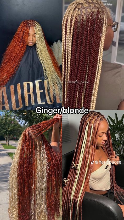 Hair Color Braids Ideas, Braids For The Fall Black Women, Cute Colored Braids For Black Women, Colored Braids With Curls, Braided Ginger Hairstyles, Blonde Hair Color Ideas Braids, Two Tone Goddess Braids, Copper And Blonde Box Braids, Winter Braid Colors