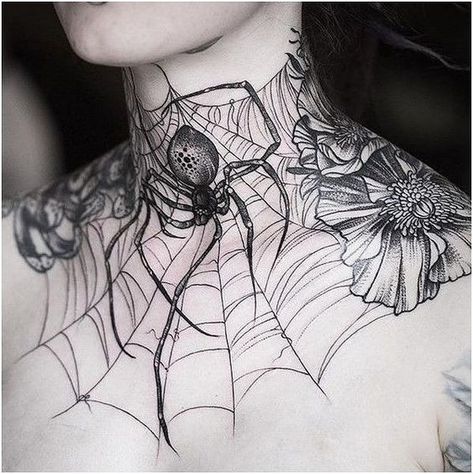 Fine lined spider and spider web on the neck and collarbone | www.otziapp.com Spiderweb Tattoo, Tattoos Feminine, Arabic Tattoos, Tattoo On Neck, Gotik Tattoo, Tattooed Models, Tattoos Dragon, Bodysuit Tattoos, Tattoos Back