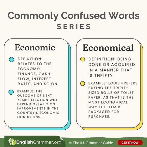 Economic vs. Economical #vocabulary #amwriting #writing Economic Vocabulary, Economics Vocabulary, Learn Economics, Economics 101, Advanced English Grammar, Economics Notes, Business Writing Skills, Commonly Confused Words, Advanced English