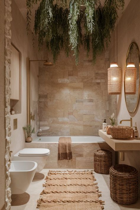 Transform your bathroom into an inviting retreat with natural stone walls, lush greenery, and handcrafted details. Complete the look with earthy tones and cozy, woven décor. #NaturalBathroom #EarthyBathroomDesign #BathroomInspiration #CozyBathroomDecor #WovenAccents #GreenBathroomIdeas #RusticStyle #WarmBathroomDesign #StoneWalls #BathroomRetreat Bathroom With Natural Stone, Bathroom Eco Style, Bathtub Room Ideas, Soothing Master Bath, Onsen Style Bathroom, Gen Z Bathroom Decor, Earthy Bathroom Ideas Natural Modern, Cosy Bathroom Aesthetic, Earthy Bathrooms Earth Tones