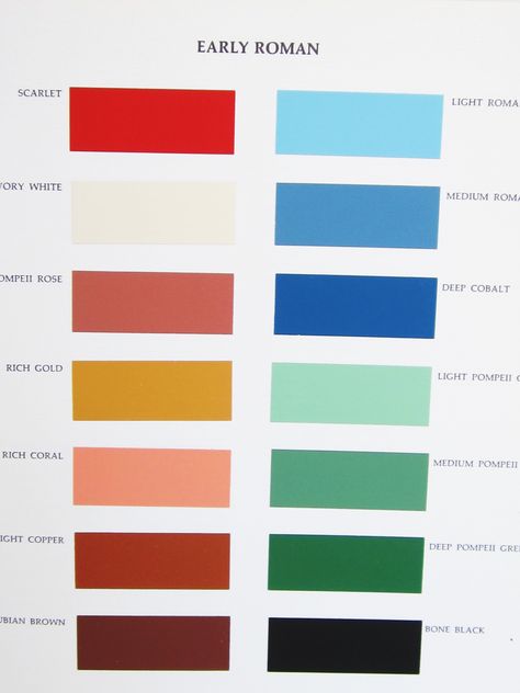 Early Roman color palette. From Color for Interiors by Faber Birren. 1963. Ancient Roman Color Palette, Ancient Rome Color Palette, Roman Color Palette, Living Decorating Ideas, Roman Interior, Roman Beauty, Color Palette Interior, Historic Paint Colours, Interior Paint Schemes