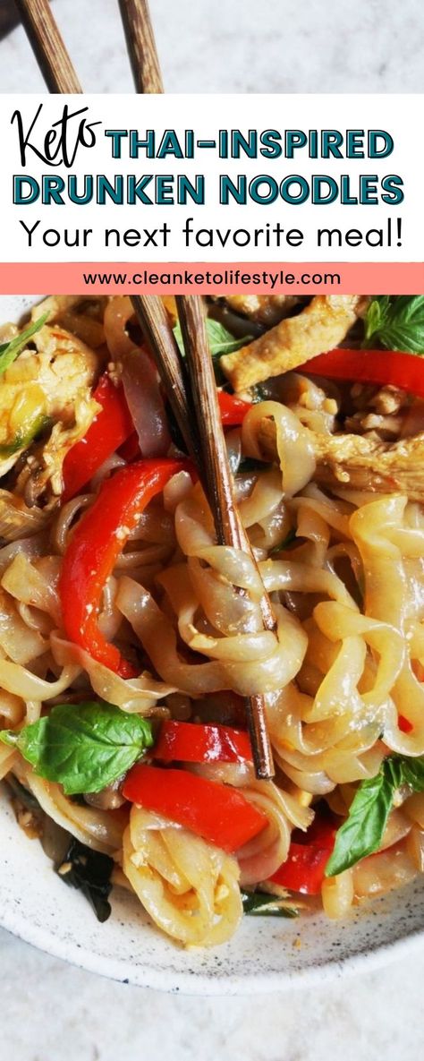 These Keto Thai Drunken Noodles make the perfect quick dinner! And are way better than takeout! Ready to serve in 30 minutes, they are a great easy weeknight meal option. They are also low-carb, dairy-free, grain-free, and gluten-free! These drunken noodles are so good and easy to make, plus they are much better for you than any takeout you would pick up on your way home from work. And bonus, they only take 30 minutes to make! Thai Drunken Noodles, Clean Keto, Drunken Noodles, Better Than Takeout, Dinner Prep, Keto Lifestyle, Keto Cooking, Keto Meal Prep, Low Carb Dinner Recipes