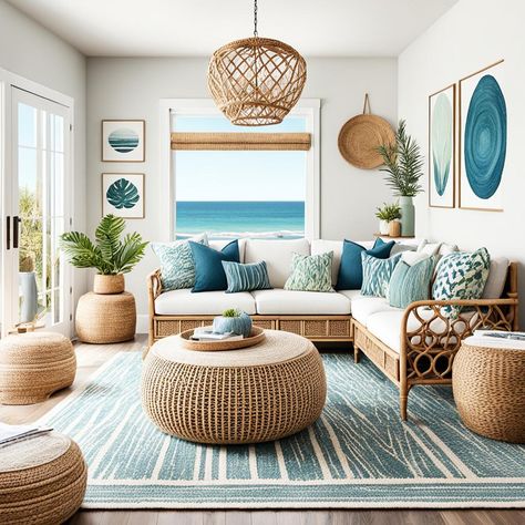 coastal boho living room Modern Rattan Living Room, Modern Coastal Boho Living Room, Coastal Interiors Design Living Room, Beach Vibe Decor Style Inspiration, Coastal Boho Interior Beach Houses, Beachy Eclectic Decor, Coastal Open Concept Kitchen Living Room, Beach Condo Living Room Ideas, Beach House Decor Coastal Style Living Rooms