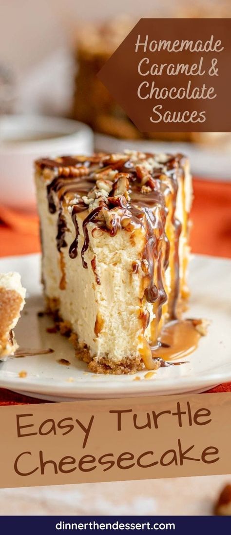 Turtle Cheesecake is a decadent creamy cheesecake recipe layered with homemade chocolate ganache, caramel sauce and chopped pecans! Turtle Topping For Cheesecake, Caramel Chocolate Cheesecake Recipes, Cheesecake With Caramel Topping, Philadelphia Oreo Cheesecake, Chocolate Caramel Pecan Cheesecake, Easy Baked Cheesecake Recipes Simple, Mini Turtle Cheesecake Recipe, No Bake Caramel Pecan Cheesecake, Chocolate Caramel Cheesecake Recipe