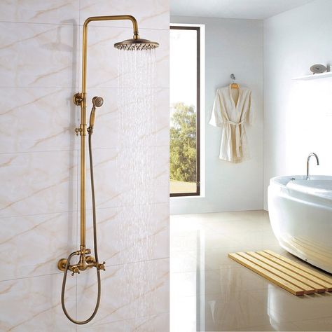 Antique Brass Rainfall Shower Faucet Brushed Gold Shower Head Bathroom Shower Faucets, Adjustable Shower Head, Contemporary Shower, Gold Shower, Shower Fixtures, Brass Shower, Shower Faucet Sets, Bath Shower Mixer, Rainfall Shower Head