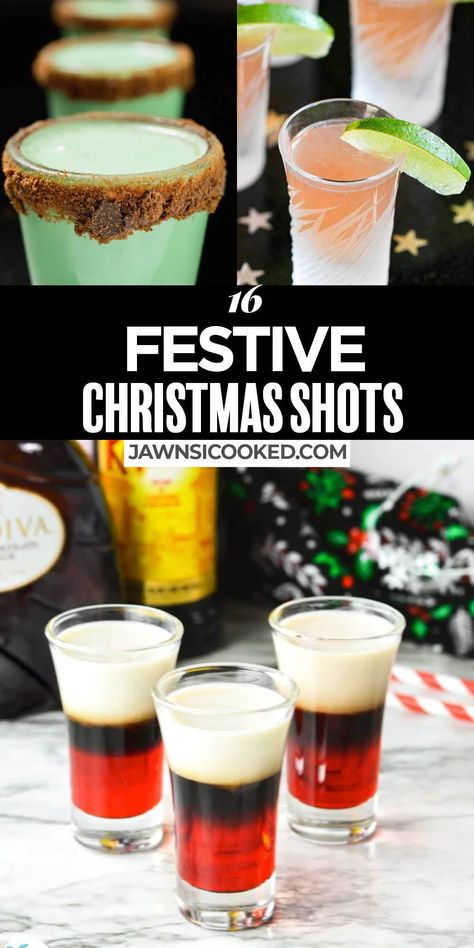 16 Festive Christmas Shots for your Holiday Party- from fun and festive shooters to tasty jello shots and pudding shots! Christmas Shooters, Holiday Shot Recipes, Christmas Alcohol Drinks, Festive Shots, Desert Shots, Fun Christmas Cocktails, Flavored Simple Syrup, Christmas Vodka, Shots Alcohol Recipes