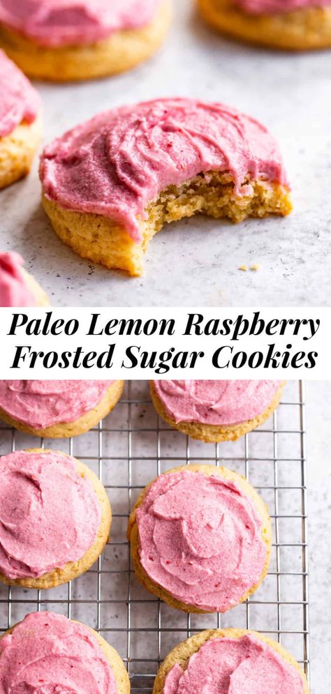 You won’t believe how deliciously dreamy these lemon sugar cookies are! Soft and slightly chewy paleo sugar cookies with the perfect amount of lemon flavor are topped with an easy pink raspberry frosting for an extra special treat that everyone will love. No one would ever guess these cookies are gluten free, dairy free and refined sugar free! #paleo #cleaneating #glutenfree #paleobaking #paleodessert #paleocookies #sugarcookies Paleo Crumbl Cookie, Paleo Cookie Frosting, Paleo Raspberry Recipes, Paleo Sugar Cookie Recipe, Paleo Cookie Recipes, Raspberry Frosting Recipe, Paleo Easter, Paleo Sugar Cookies, Health Cookies