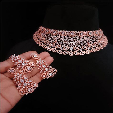 Rose Gold Cubic Zirconia Diamond Bridal Necklace Set - Indian Wedding Choker Jewelry Set - Choker Tikka & Earring Set - American Diamond Bridal Necklace Indian, Earring Combo, Rose Gold Choker, Engagement Necklaces, Wedding Necklace Set, Diamond Choker Necklace, Necklace Set Indian, Earring Fashion, Bridal Choker