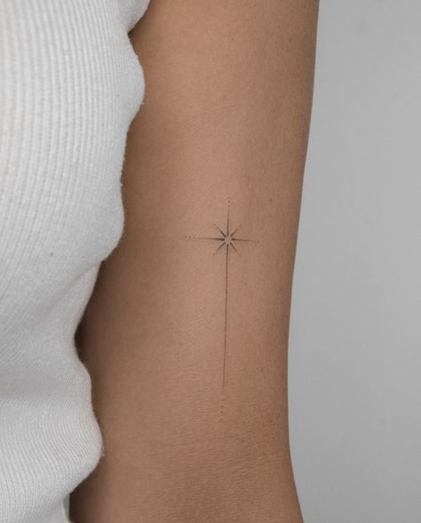 Back Of Arm Line Tattoo, Arm Tattoos For Women Fine Line, Bright Star Tattoo, Endlessly Tattoo, Light Tattoos For Women, Line Tattoo Forearm, Star Tattoo Arm, December Tattoos Ideas, Inner Elbow Tattoos