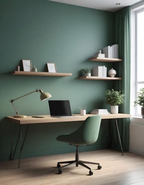 Light Green Office Walls, Sage Green Study, Sage Green Office Ideas, Sage Green Home Office, Sage Green Office, Green Office Walls, Green Workspace, Green Office Decor, Spare Room Decor