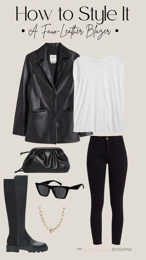 Vegan Leather Blazer Outfit, Womens Leather Blazer Outfit, Leather Black Blazer Outfit, Black Leather Blazer Outfits For Women, Black Leather Blazer Outfit Fall, Outfits With Leather Blazer, Leather Blazer Outfits Women, Black Faux Leather Blazer Outfit, Style Leather Blazer