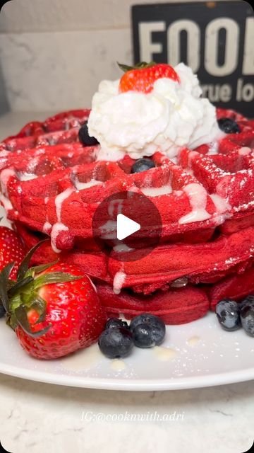 Adrienne Wilson on Instagram: "Red Velvet Waffles

2 cups flour 
1/4 cup sugar 
1 tbs + 1 tsp baking powder 
2 tbs unsweetened cocoa powder 
1/2 tsp salt 
1 3/4 cup buttermilk 
1/3 cup butter, melted & cooled 
2 large eggs 
2 tsp vanilla extract 
2 tbs red food coloring 
2 tbs olive oil 
1/3 cup chocolate chips, optional 

Glaze: 
4 oz softened cream cheese
4 tbs softened butter
1.5 cups powdered sugar
1 tsp vanilla extract 
1/2 cup heavy cream 
 
💓To a bowl add flour, sugar, baking powder, cocoa powder, & salt. Whisk to remove any lumps. 
💓To a separate bowl add buttermilk, butter, eggs, vanilla extract, red food coloring, & olive oil. Mix well. 
💓Pour wet batter into flour & mix to combine. Add chocolate chips if desired. Butter or spray waffle iron & pour batter into it, close & cook Box Waffle Mix Hacks, Red Velvet Waffles Recipe Cake Mixes, Wet Batter, Red Velvet Waffles, Unsweetened Cocoa Powder, Belgian Waffles, Soften Cream Cheese, Red Food Coloring, Oil Mix