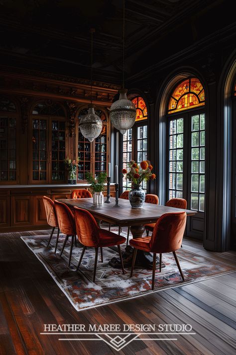 This stunning dining room exudes warmth and elegance with its rich, dark wood tones and vibrant orange velvet chairs. The intricate stained glass windows cast a beautiful light into the room, highlighting the crystal chandeliers and the carefully arranged floral centerpiece | Retro Aesthetic | Eclectic Decor | Room Inspo | Moody Aesthetic | Dark Academia | Home Decor | Vintage Aesthetic | dark home decor Light Academia Dining Room, Dark Academia Dining Room, Dining Room Floating Shelves, Modern Luxury Dining Room, Dining Room Table Farmhouse, Dining Room Centerpiece Ideas, Dining Room Ceiling Design, Farmhouse Kitchen Coffee Bar, Dining Room Artwork