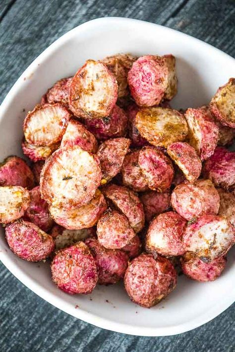 Oven Roasted Radishes with Umami Seasoning Keto Rhubarb Recipes, Venison Stew Crockpot, Keto Rhubarb, Recipes In Air Fryer, Sugar Free Barbecue Sauce, Umami Seasoning, Garlic Mashed Cauliflower, Venison Stew, Snapper Recipes