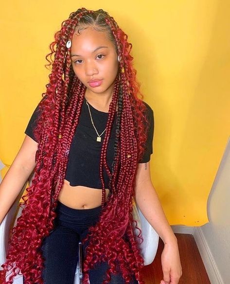 Red Box Braids, Trendy We Fryzurach, Colored Braids, Goddess Braids Hairstyles, Long Box Braids, Box Braids Styling, Braids With Curls, Girls Hairstyles Braids, Braids With Weave