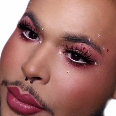 Rihnstone Placement On Face, Red Gem Makeup, Eye Gems Makeup Rhinestones, Pink Eyeshadow Looks With Rhinestones, Rine Stone Makeup, White And Pink Makeup, Red Rhinestone Makeup, Pink Euphoria Makeup, Lover Era Makeup