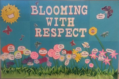 Spring Respect Bulletin Board Respect Bulletin Board Ideas, Values Bulletin Board, Respect Bulletin Boards, Toddler Bulletin Boards, Teacher Classroom Posters, Kindness Bulletin Board, Colorful Bulletin Boards, Worship Ideas, Calm Corner