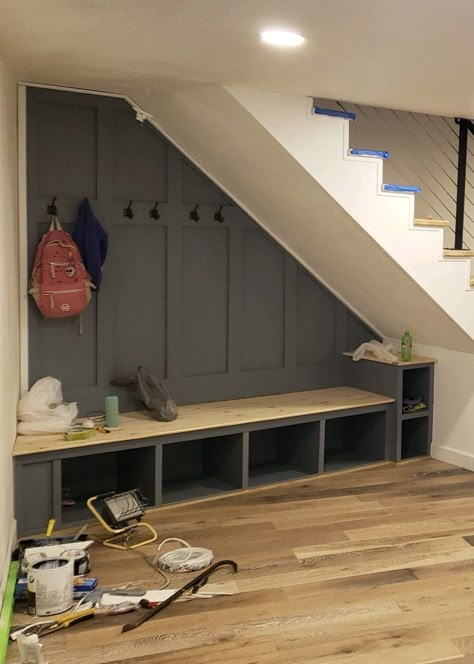 Under Stairs Open Storage, Understair Mudroom, Under Stairs Mudroom, Under Stairs Decoration, Under Stairs Decoration Ideas, Open Under Stairs Ideas, Stairs Wine Rack, Under Stairs Storage Cupboard, Under Staircase Ideas