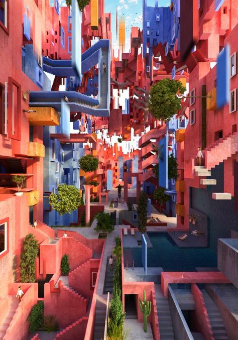 Escher Art, Colour Architecture, 3d Inspiration, Pintura Exterior, Senior Project, Colourful Buildings, Modelos 3d, Futuristic City, Building Ideas