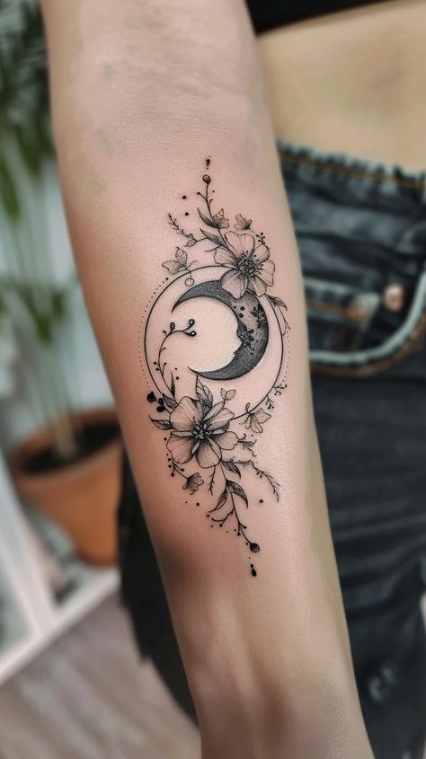 25 Spiritual Tattoos With Meaning For Women In 2024 Nautical Moon Tattoo, Womens Feminine Sleeve Tattoo, Tattoos To Represent Healing, Surrender Tattoos For Women, Mystical Arm Sleeve Tattoo, Independent Tattoos For Women, Mystical Flower Tattoo, Sakura Moon Tattoo, Lower Back Moon Tattoo