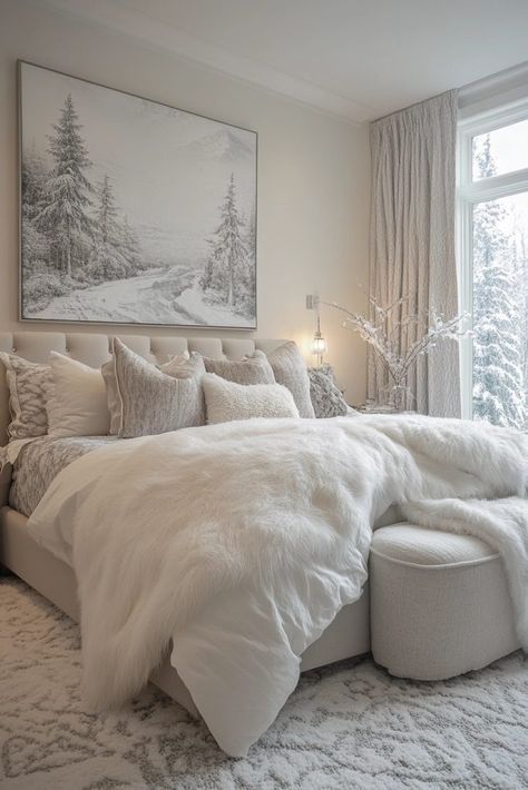 Crisp Clean Bedroom, Bedding Ideas Cozy Winter, Winter Themed Bedroom Ideas, White Cozy Bedroom Ideas, White Bedroom Inspo Cozy, Christmas Bedroom Inspiration, White Cozy Bed, White Wood Aesthetic, Cozy Bright Bedroom