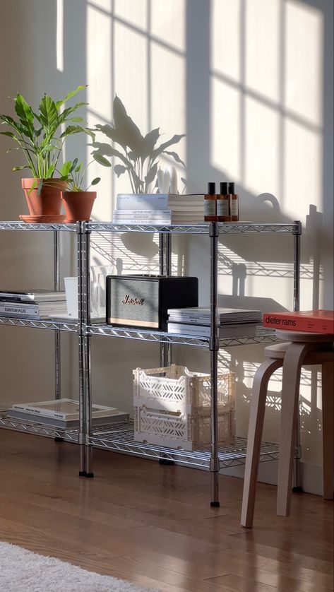 Chrome Office Decor, Styling Metal Shelves, Metal Shelf Decor, Ikea Omar, Chrome Shelving, Chrome Shelves, Chrome Decor, Small Room Interior, Nyc Rooms