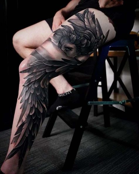 Leg Angel Tattoo, Fallen Angel Painting Tattoo, Leg Tattoos Dark, Lucifer Angel Tattoo, Fall Of Lucifer Tattoo, Angel Tattoo On Leg, Fallen Angel Tattoo Sleeve, Lucifer The Fallen Angel Painting, Angel Tattoo Leg