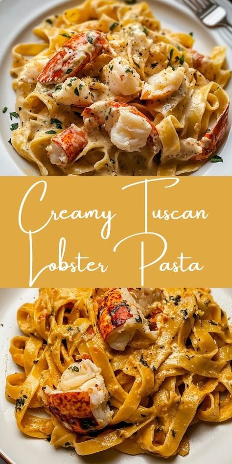 Treat yourself to a decadent dinner with this Creamy Tuscan Lobster Pasta! Tender lobster and a rich, creamy Tuscan sauce come together in a luxurious dish that’s perfect for special occasions. Impress your loved ones with this restaurant-worthy pasta that’s full of flavor and elegance. #TuscanLobsterPasta #SeafoodRecipes #CreamyPasta #ItalianCuisine #LobsterLovers 🍝🦞 Healthy Seafood Pasta Recipes, Pasta Dishes With Crab, Lobster Seafood Pasta, Pasta Date Night Recipes, Luxurious Dinner Recipes, Lobster Pasta Dishes, Lobster Vodka Pasta, Lobster Meat Recipes Healthy, Fancy Pasta Recipes For Dinner