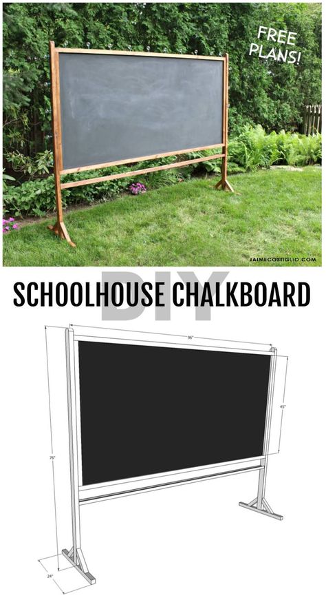 A DIY tutorial to build a schoolhouse chalkboard.  Make a self standing schoolhouse style chalkboard using my free plans.  Great for play and party decor. #chaklboard #partydecor #playroom #freeplans Schoolhouse Chalkboard, Outdoor Chalkboard, Schoolhouse Style, Silver Home Accessories, Chalkboard Stand, Large Chalkboard, Diy School, Diy Home Accessories, Diy Chalkboard