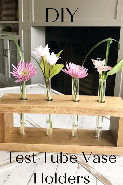 Test Tube Crafts Diy, Test Tube Flower Centerpiece, Scrap Wood Project, Test Tube Holder, Vase Stand, Test Tube Vase, Woodwork Projects, Forstner Bit, Wood Putty