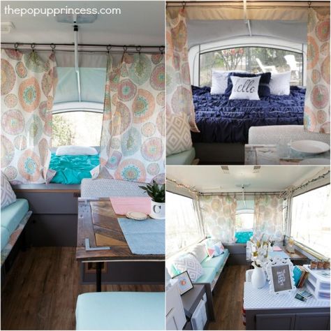 Camper Ceiling Ideas, Camper Ceiling, Curtain Rod Ideas, Pop Up Princess, Popup Camper Remodel, Pop Up Tent Trailer, Camper Redo, Camper Reno, Pop Up Trailer