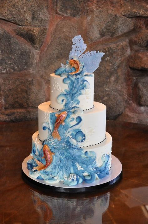 Koi Fish Birthday Cake, Fisherman Cakes, Koi Fish Cake, Koi Cake, Pictures Of Wedding Cakes, Nature Cake, Tattoo Wedding, Ocean Cakes, Beach Cakes