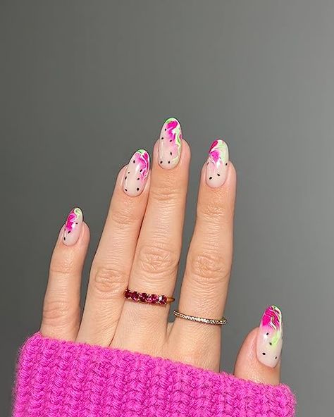 Dragon Fruit Nails, Hot Pink And Green, Fruit Nails, Fruit Nail, Blooming Gel, Designs For Short Nails, Trendy Nail Designs, Great Nails, Trendy Nail Design