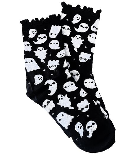 These cute ghost themed lettuce edge style socks come on a black background! They're women's one size fits all, soft, and stretchy! Made with a cotton/spandex blend and are machine washable (cold setting.) Cute Halloween Clothes, Lettuce Edge Socks, Goth Socks, Ghost Friends, Goth Things, Man Pillow, Newbury Park, Halloween Socks, Boo Basket